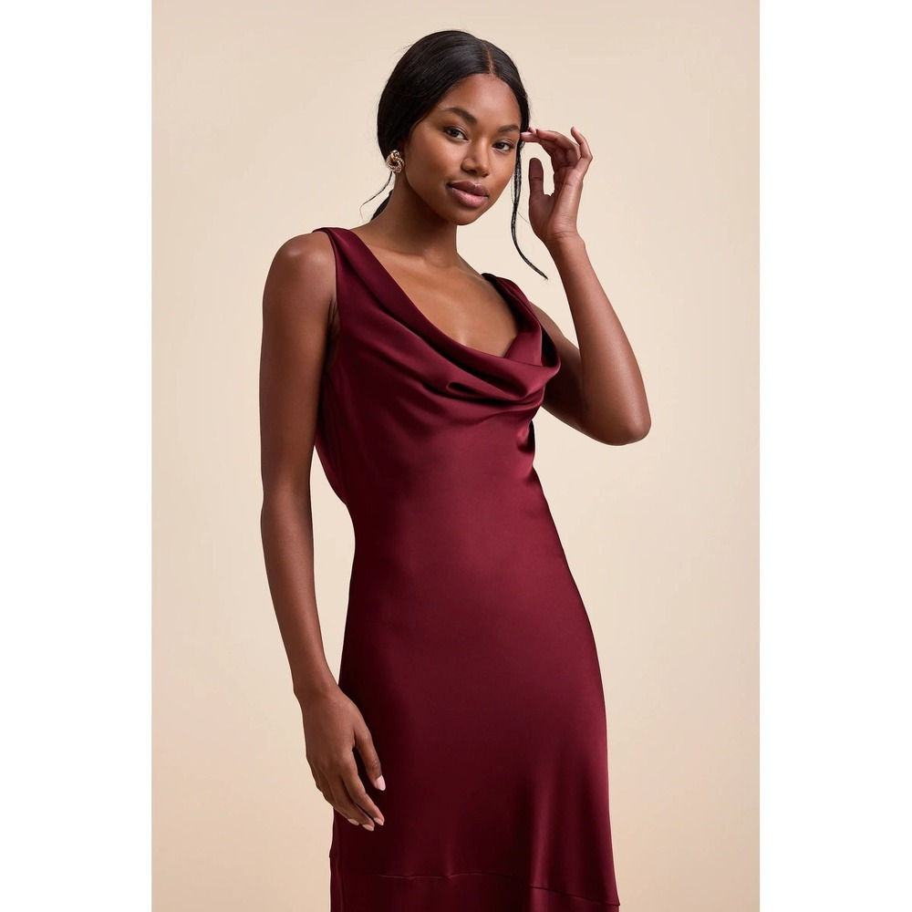 Lulus NWOT Aernah Wine Red Satin Cowl Tie-Back Slip Maxi Dress - XS - Picture 2 of 7